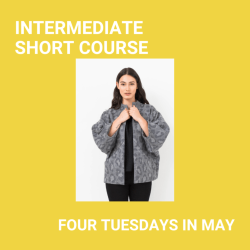 Image and text. Text reads Intermediate Short Course four Tuesdays in May. Image is of woman wearing a coat